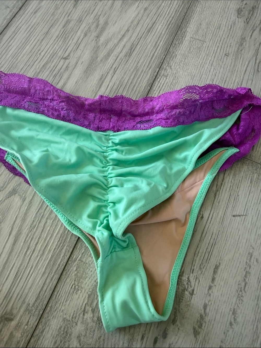 Mint Green Triangle Bikini Top with Purple Lace Accents - Picture 4 of 4